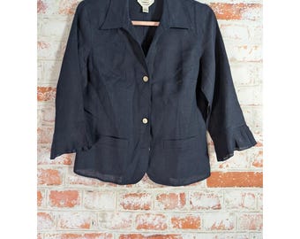 Talbots Irish Linen Blazer Women 6P Navy Blue Ruffle Cuff 3/4 Sleeve Jacket