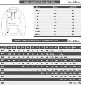 May include: A size chart for hoodies and sweatshirts, showing chest and length measurements in centimeters. Includes a size recommendation table based on height and weight, with sizes ranging from XXS to XXXXL.