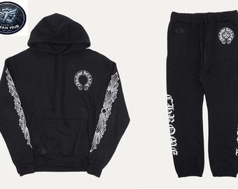 Chándal unisex negro con estampado floral y herradura cruzada - Sudadera con capucha y pantalón deportivo