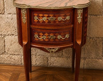 Kidney-shaped commode in marquetry, pink marble and bronze – Louis XV style