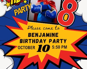 May include: Superhero-themed birthday party invitation. The design features a child dressed as a superhero, along with the text "Super Hero Party." The invitation includes the date, time, and location of the party.