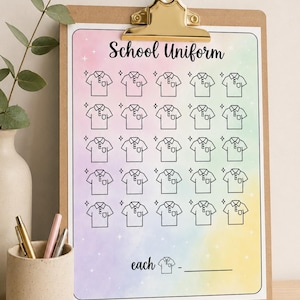 Könnte beinhalten: Ein Klemmbrett mit buntem Hintergrund und den Worten "School Uniform" oben. Das Board zeigt ein Raster von Poloshirts. Darunter steht das Wort "each" mit einer leeren Zeile.