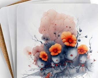 Flora Dolls Coaster Set: Whimsical Flowerpunk Art, Vintage Style