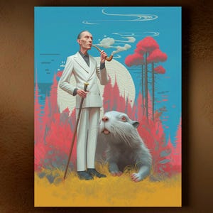 Surreale Wandkunst Leinwand Biber Berg Gentleman Porträt Modernes Eklektisches Dekor