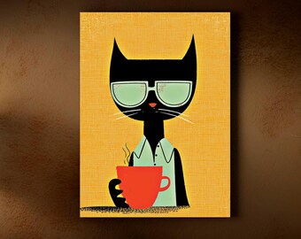 Lienzo artístico de cafetería Black Cat Coffee, decoración retro de mediados de siglo.