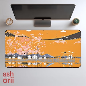 Cute Lofi Orange Aesthetic Desk Mat Kawaii Ghost Cherry Blossom, Anime Mouse Pad, XL Mousepad | Pastel Pink Anime Gift, Cozy Gamer Girl Gift