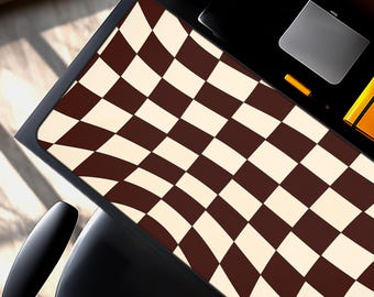 Home Computer Desk Mat Retro Wave Brown Checkered Office Desktop Decoration