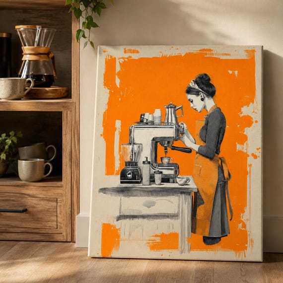 Barista Wall Art Retro Cafe Coffee Corner Canvas | Mid Century Kitchen Decor