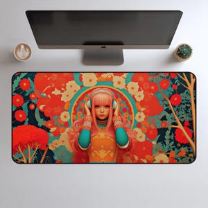 animated waifu Colorful Desk Mat, Vibrant Floral x waifu Anime Desk Mat Anime Mouse Pad, XL Mousepad | Pastel Anime  Gamer Girl Gift