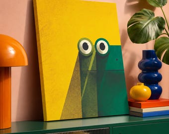 Quadro con rana stravagante su tela / Stampa astratta moderna pop con animali / Decorazione murale audace ed eclettica
