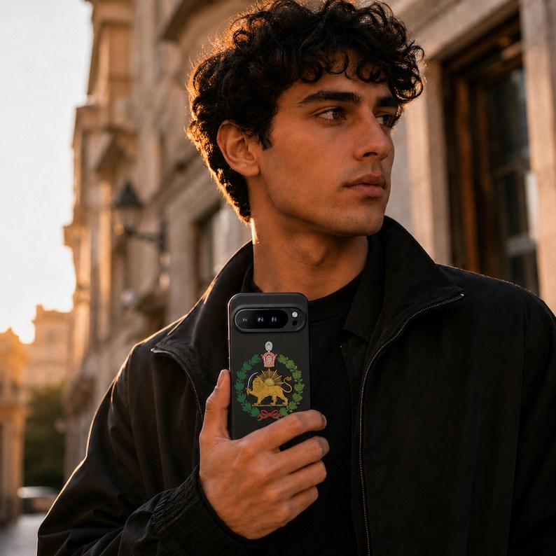 Puede incluir: Una funda de smartphone negra con un emblema central de un le&oacute;n dorado sosteniendo una espada, rodeado por una corona de laurel verde y rematado con una corona. La funda tiene una barra de c&aacute;mara horizontal y un acabado negro mate liso.