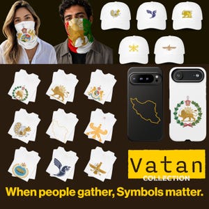 Puede incluir: Una colecci&oacute;n de ropa y accesorios con s&iacute;mbolos culturales iran&iacute;es, que incluye gorras de b&eacute;isbol blancas, camisetas blancas, bragas de cuello y fundas para tel&eacute;fonos. La muestra presenta varios emblemas, un mapa y el texto Vatan Collection.
