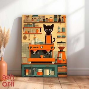 Retro Cat Coffee Canvas Art: Mid-Century Modern Kitchen Decor