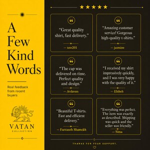 Puede incluir: Un gr&aacute;fico amarillo y negro titulado A Few Kind Words que presenta seis testimonios de clientes para Vatan Collection. El dise&ntilde;o incluye un logotipo de le&oacute;n, una calificaci&oacute;n de cinco estrellas y citas de compradores sobre la calidad del producto.