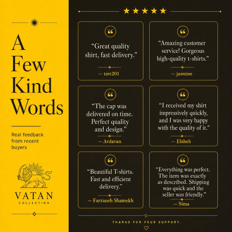 Puede incluir: Un gr&aacute;fico amarillo y negro titulado A Few Kind Words que presenta seis testimonios de clientes para Vatan Collection. El dise&ntilde;o incluye un logotipo de le&oacute;n, una calificaci&oacute;n de cinco estrellas y citas de compradores sobre la calidad del producto.