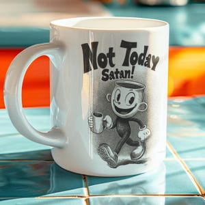 May include: White ceramic coffee mug with a black and white cartoon graphic of a coffee cup character holding a small mug, with the text "Not Today Satan!". The mug has a large, curved handle.