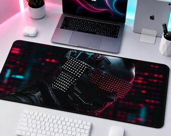 Retro Neon Cyberpunk Desk Mat | Dark Tech Magenta Large Mouse Pad Gamer Gift