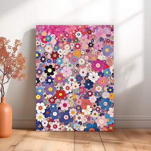 Murakami Inspired Flower Canvas Wall Art, Vibrant Japanese Pop Art Floral Print, Bold Botanical Decor for Modern Living or Airbnb Interiors