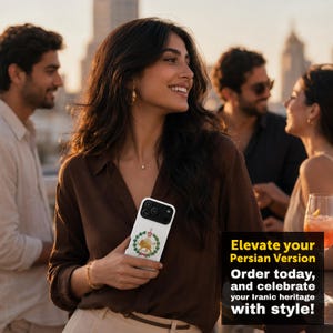 Puede incluir: Una funda de smartphone blanca con un emblema central de un le&oacute;n dorado que sostiene una espada dentro de una corona de laurel verde, rematada con una corona. El texto dice: Elevate your Persian Version. Order today, and celebrate your Iranic heritage with style!