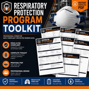 Puede incluir: Un kit de herramientas del programa de protección respiratoria con formularios para la seguridad en el lugar de trabajo. La imagen presenta una mascarilla respiratoria blanca, un logotipo de escudo y varios formularios PDF imprimibles. El texto incluye "OSHA & CSA COMPLIANT".