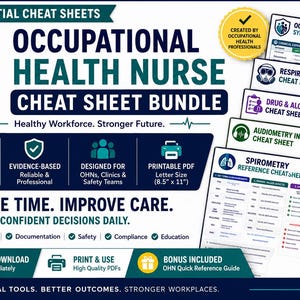 Könnte beinhalten: Ein digitales Bündel von 5 Spickzetteln für Arbeitsmediziner mit einem Schild-Symbol, Text wie Occupational Health Nurse Cheat Sheet Bundle sowie Anleitungen zu Spirometrie, Audiometrie, Drogentests, Atemschutz und Symptomen.