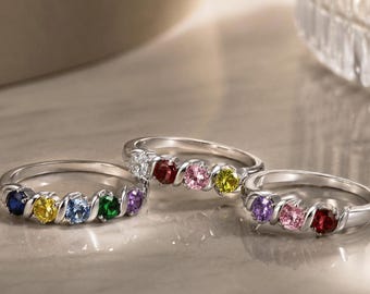 Personalized Birthstone Name Ring - Custom Engraved Jewelry, Family Gift