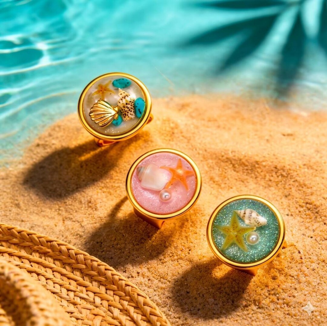 Ocean Collection Rings Ocean-themed Open Ring - Pink Resin, Gold Plated, Women’s Marine Style ...