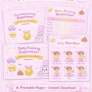Op de afbeelding: Een roze en paarse printbare zindelijkheidstraining bundel met certificaten, een beloningsschema en stapsgewijze instructies. De tekst bevat "Potty Training Printable Bundle" en "Potty Time Steps".