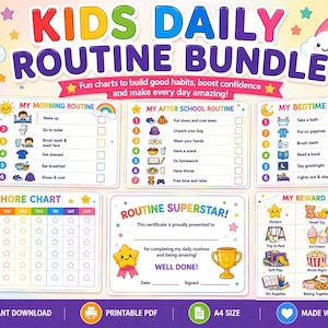 May include: A vibrant Kids Daily Routine Bundle with six printable pages. The bundle features charts for morning, after-school, and bedtime routines, a chore chart, and a reward chart. The text includes "Fun charts to build good habits, boost confidence and make every day amazing!"