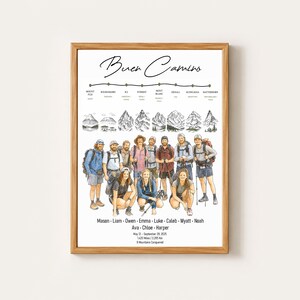 May include: A framed print titled Buen Camino featuring a line drawing of eight mountain peaks, a group illustration of ten hikers in outdoor gear, and the names Mason, Liam, Owen, Emma, Luke, Caleb, Wyatt, Noah, Ava, Chloe, and Harper below.