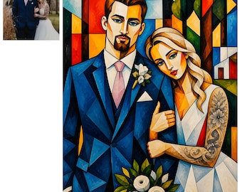 Benutzerdefinierte Kubismus Familienporträt, personalisierte Glasmalerei, Familiengeschenk, Hochzeitspaar Gemälde, digitaler Download oder gedruckt