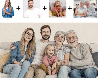 Retrato familiar personalizado en acuarela a partir de fotografías, ilustración grupal dibujada a mano (archivo digital)
