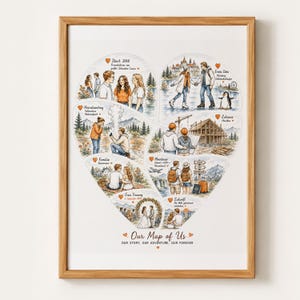 May include: A framed print featuring a heart-shaped collage of illustrated scenes depicting a couple's life milestones, including travel, a proposal, and a wedding. The text reads "Our Map of Us" and "OUR STORY, OUR ADVENTURE, OUR FOREVER" in black.