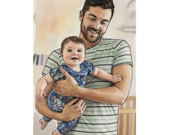 Cuadro personalizado dibujado a mano a partir de una foto, retrato familiar personalizado en acuarela a partir de una foto, regalo para el Día de la Madre, regalo para el Día del Padre, regalo de la hija.
