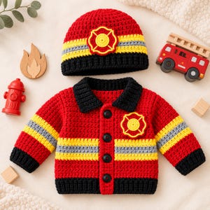 May include: A red, yellow, and black crocheted firefighter-themed set consisting of a long-sleeved button-up jacket and a matching beanie. The jacket features a black collar, black cuffs, and a yellow and gray striped pattern with a yellow emblem.