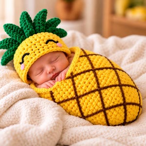 May include: A crochet pineapple-themed baby cocoon and matching hat set. The yellow cocoon features a brown cross-stitch pattern, while the yellow hat has green crochet leaves on top and embroidered closed eyes with pink cheeks on the front.