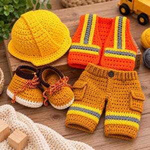 May include: A crochet construction outfit consisting of a bright yellow hard hat, an orange safety vest with gray reflective stripes, mustard yellow cargo shorts with gray stripes and a black button, and brown booties with red laces.