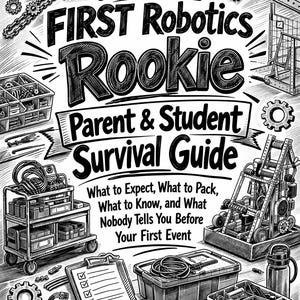 May include: Black and white illustration of a guide for FIRST Robotics rookies. The title reads "Unofficial FIRST Robotics Rookie Parent & Student Survival Guide." The image includes tools, gears, and a robot.