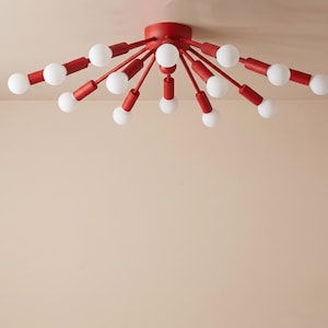Lampadario a soffitto Sputnik rosso, con 14 luci a globo, design moderno e vivace.