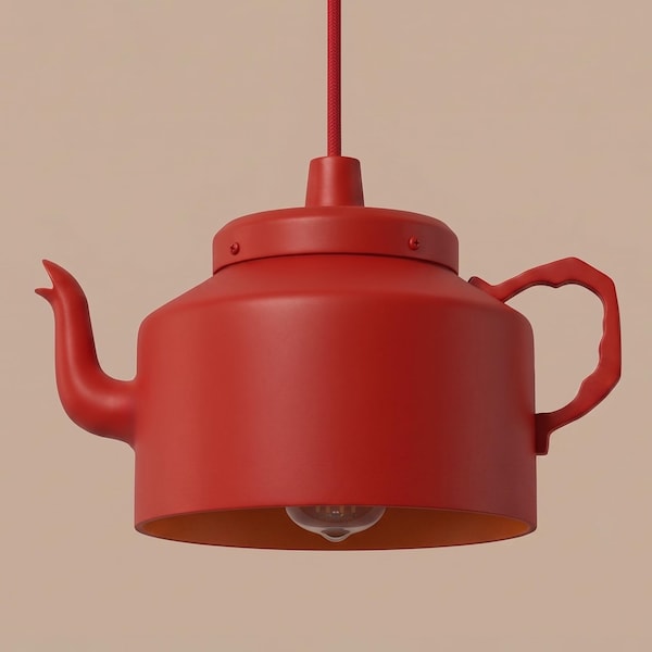 Luminária pendente em formato de bule vermelho, estilo retrô, ideal para cozinha, sala de jantar colorida, luminária de teto original e eclética para decoração de casa.