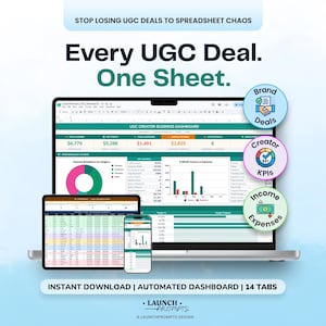 Puede incluir: Un panel de control digital mostrado en la pantalla de una computadora portátil, una tableta y un teléfono inteligente. La interfaz presenta el texto "Every UGC Deal. One Sheet." y "UGC Creator Business Dashboard" con varios gráficos, datos financieros y tres iconos circulares etiquetados como Brand Deals, Creator KPIs e Income Expenses.