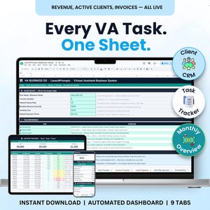 Virtual Assistant Tracker Google Sheets | VA Client CRM Income 2026 — Business OS | Instant Download
