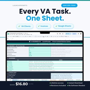 Rastreador de asistentes virtuales en Google Sheets / Ingresos de clientes de asistentes virtuales en CRM 2026 — Business OS / Descarga instantánea