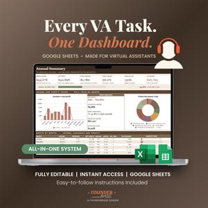 Könnte beinhalten: Ein Laptop-Bildschirm zeigt ein Google Sheets-Dashboard für virtuelle Assistenten mit einer Jahresübersicht, Gewinnentwicklungen und einem Tortendiagramm. Der Text lautet: Every VA Task. One Dashboard. Google Sheets. Made for Virtual Assistants.