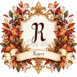 Puede incluir: Un escudo decorativo con un emblema central de color crema que muestra una letra R grande de color rojo oscuro y el texto Rogers en un pergamino inferior. El escudo está rodeado por un marco dorado ornamentado y follaje otoñal.