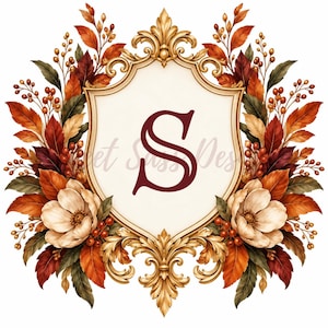 May include: A decorative shield-shaped frame in gold featuring a large dark red letter S in the center. The frame is surrounded by an arrangement of autumn-colored leaves, berries, and two large cream-colored flowers on the bottom sides.