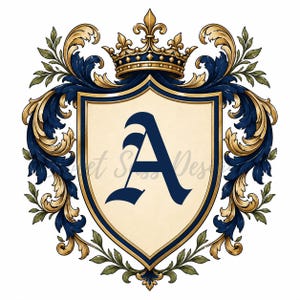 Op de afbeelding: Een heraldisch wapenschild met een centraal schild op een crèmekleurige achtergrond en een grote, donkerblauwe letter A in een gotisch lettertype. Het schild is bekroond met een gouden kroon en omringd door sierlijke, symmetrische acanthusbladeren.