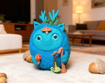 Muñeco artístico Guardián del Bosque Azul, Monstruo de Arcilla de Lana con Cuernos, Figura de Espíritu Mágico (3.3")