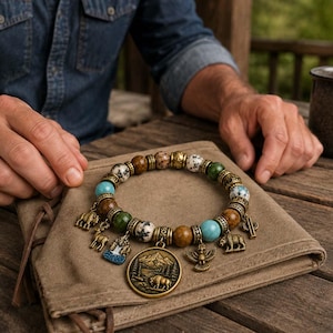 Op de afbeelding: Een kralenarmband met ronde stenen in bruine, groene, witte en turquoise tinten, geaccentueerd met antiek bronskleurige metalen tussenstukjes en bedels. De bedels bevatten een medaillon met een berglandschap, een vogel, een beer en een cactus.