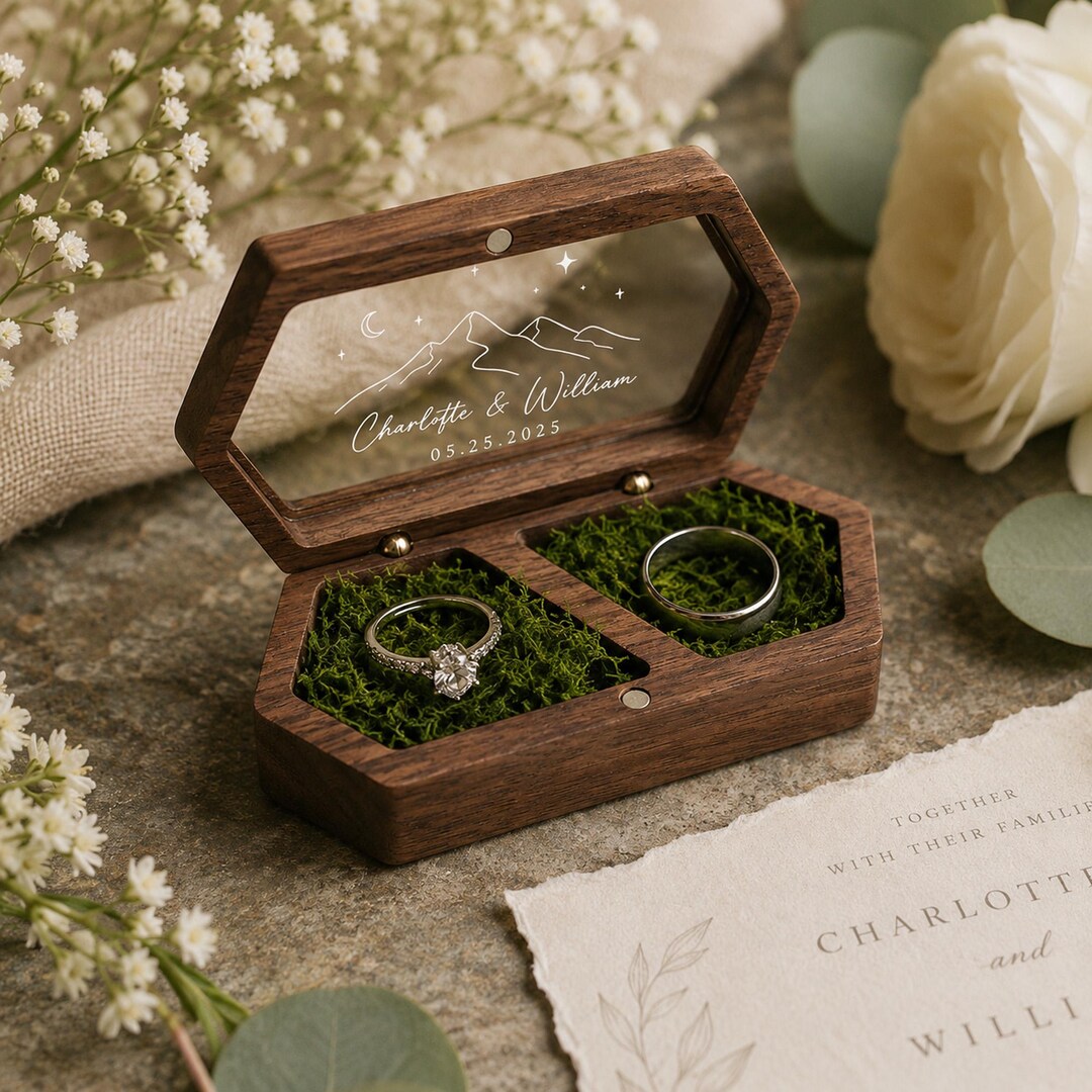 Wedding Rig Box Personalized Walnut Wedding Ring Box, Double Ring Holder With Clear ...